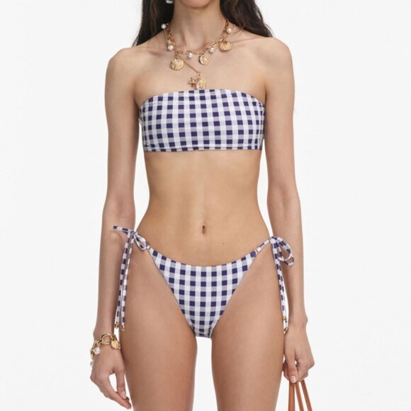 NEW Self-Portrait Navy Gingham Bikini Top & Bottom Removable Strap | US 2 UK 6 - Picture 2 of 12